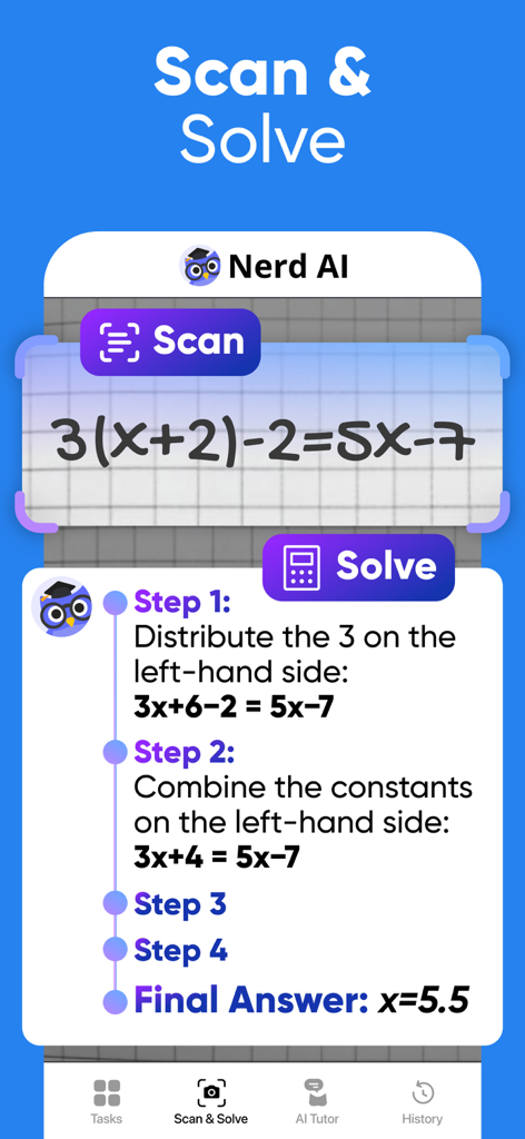 Nerd AI - Math Problem Solver - Interfaz de la aplicación Nerd AI que muestra una ecuación matemática siendo escaneada y resuelta con instrucciones paso a paso