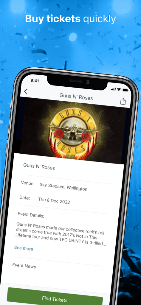 Mobile screen showing Guns N Roses concert event details and a find tickets button on the Ticketek NZ app