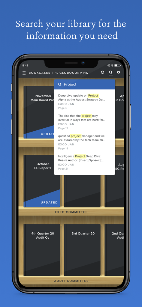 Search interface of the Board Intel app showing results for a project within a digital corporate document library.