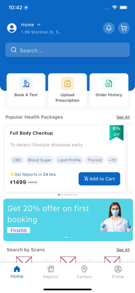 Afriglobal Medicare - La schermata principale dell'app Afriglobal Medicare che mostra le funzioni di prenotazione degli esami diagnostici e di caricamento delle prescrizioni.