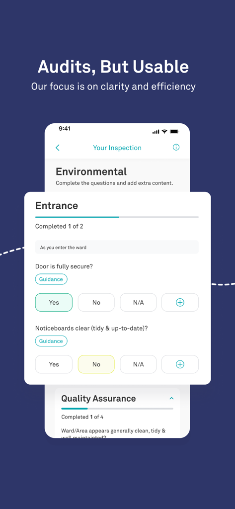 Tendable | Healthcare Audits - Mobile application interface of Tendable showing a clinical audit checklist for hospital ward safety