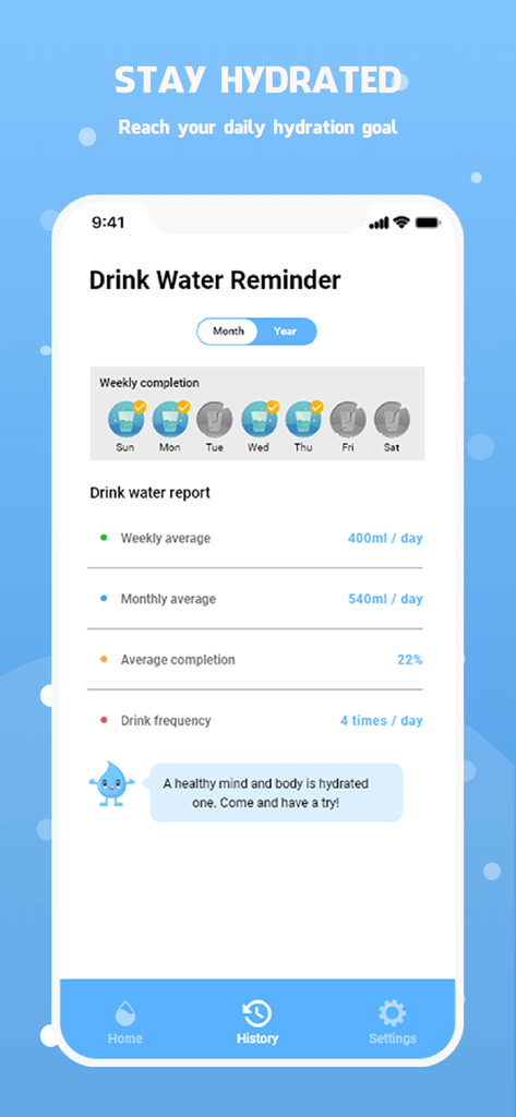 Drink water reminder - Ein Smartphone-Bildschirm, der die Verlaufsseite der Drink Water Reminder App mit wöchentlichen Abschluss- und Hydratationsberichten anzeigt