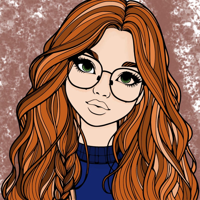 girl with long hair and freckles and glasses realistic