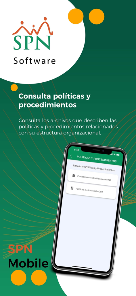 SPN Software mobile app displaying a list of institutional policies and procedures for employees.