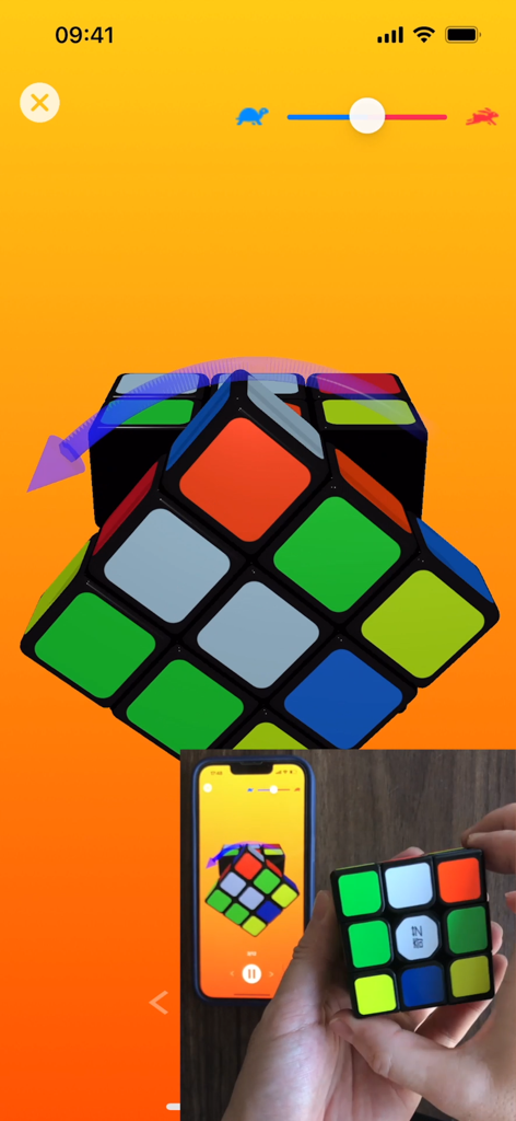 3D Magic Cube Solver - A person following 3D app instructions on a smartphone to solve a physical Rubiks cube