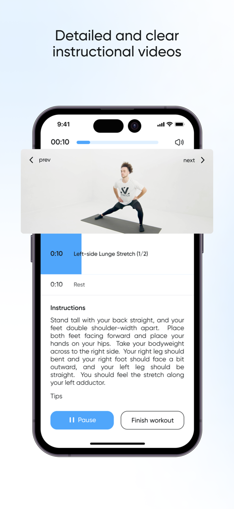 Stretch Zone and Flexibility - Smartphone interface of the AZ Stretch app displaying an instructional video for a lunge stretch with detailed written steps