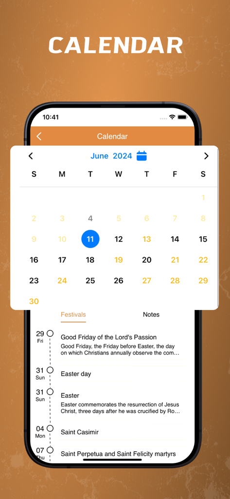 Amharic Bible - offline - Amharic Bible app calendar screen showing religious festivals and saints feasts