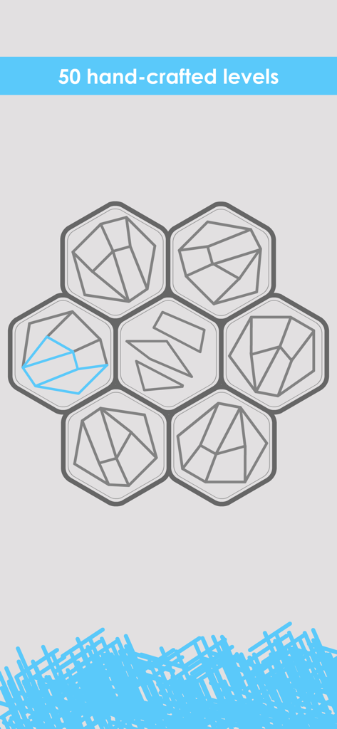A minimalist screen showing geometric puzzles in hexagonal tiles from the hidden shapes app.