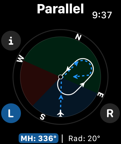 Hold Entry Calculator interface on Apple Watch showing a parallel entry calculation with heading and radial inputs