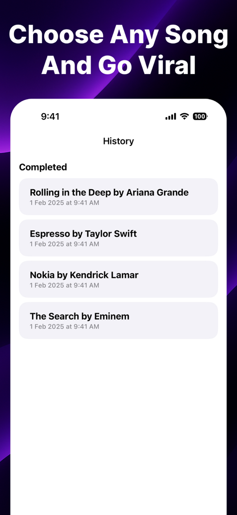 AI Music Generator Song Cover - Una pantalla de historial en la aplicación Generador de Música IA que muestra una lista de portadas de canciones completadas con las voces de artistas populares.