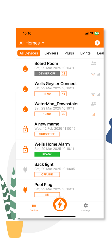Dashboard of Sensor Connect app displaying statuses for water heaters alarms and smart plugs