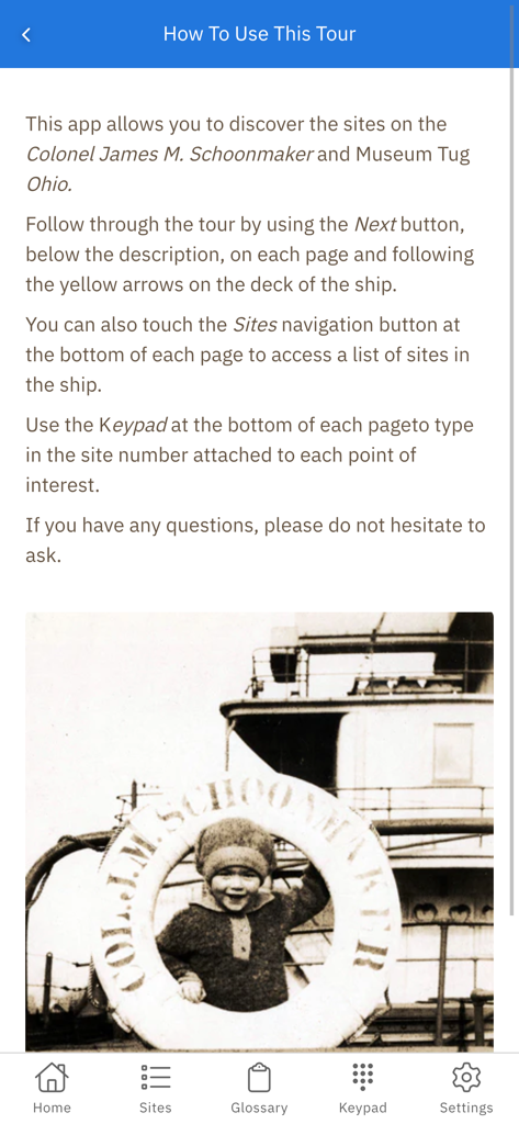 Instructional screen for the Schoonmaker Tour app featuring navigation tips and a historical maritime photo.
