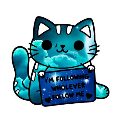 cat with a sign that says i’m following whoever follows me