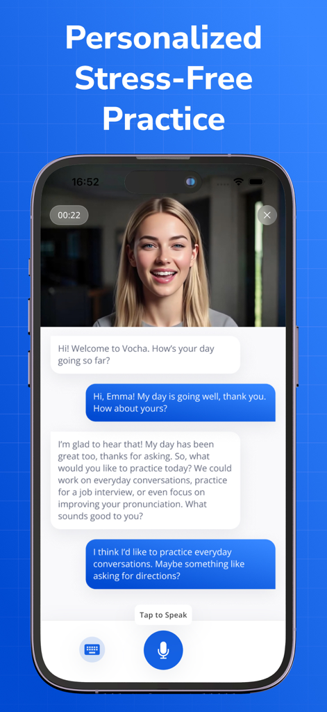 Vocha - Speaking Practice AI - Vocha app interface showing a conversation with an AI tutor for personalized speaking practice.