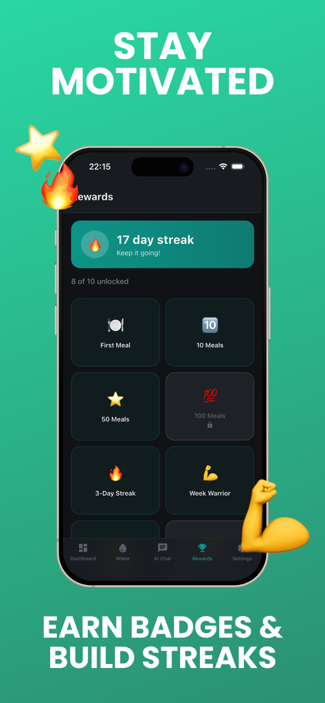 Calorie Tracker - AI Food Log - Calorie Tracker app rewards screen displaying a seventeen day streak and unlockable achievement badges.