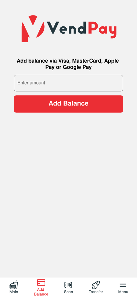 VendPay - VendPay app screen for adding funds showing an amount input field and add balance button for cashless vending machine payments