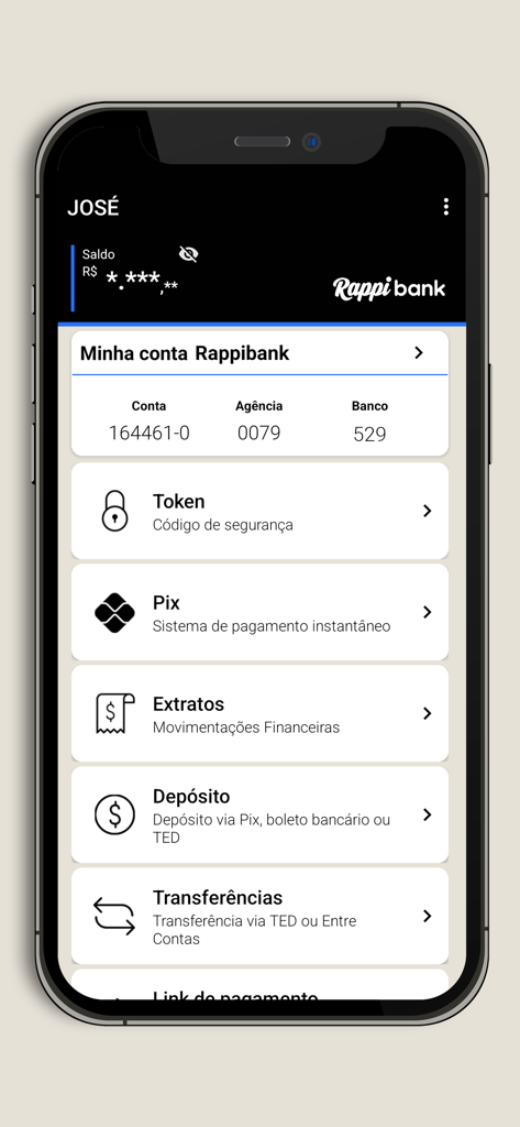 Rappibank PJ - Interfaz móvil de Rappibank PJ mostrando el panel de la cuenta con funciones bancarias como Pix y estados financieros