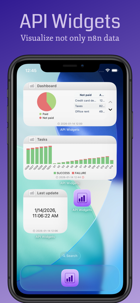 API Widgets - API Widgets on iPhone showing data visualization with pie and bar charts