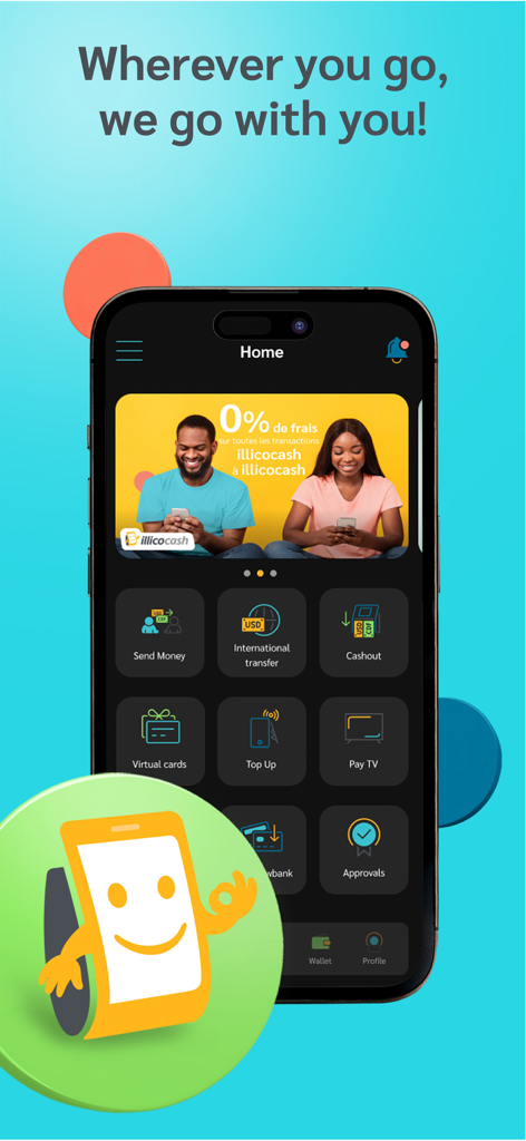 illicocash - Smartphone display of the illicocash app home screen featuring international money transfer and virtual card services.