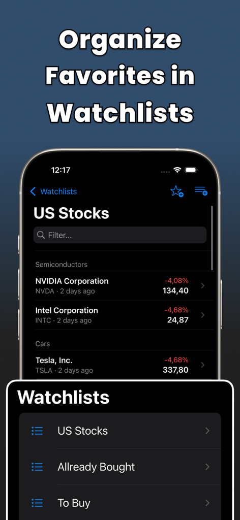 Portfolio Tracker: Finance Bay - Interface do aplicativo Finance Bay mostrando como organizar ações favoritas em listas de observação personalizadas, como Ações dos EUA e Já Comprado.