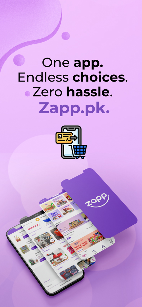 Zapp - Shop Anytime Anywhere - Marketing visual for the Zapp app featuring the slogan One app Endless choices Zero hassle with various app screen mockups.