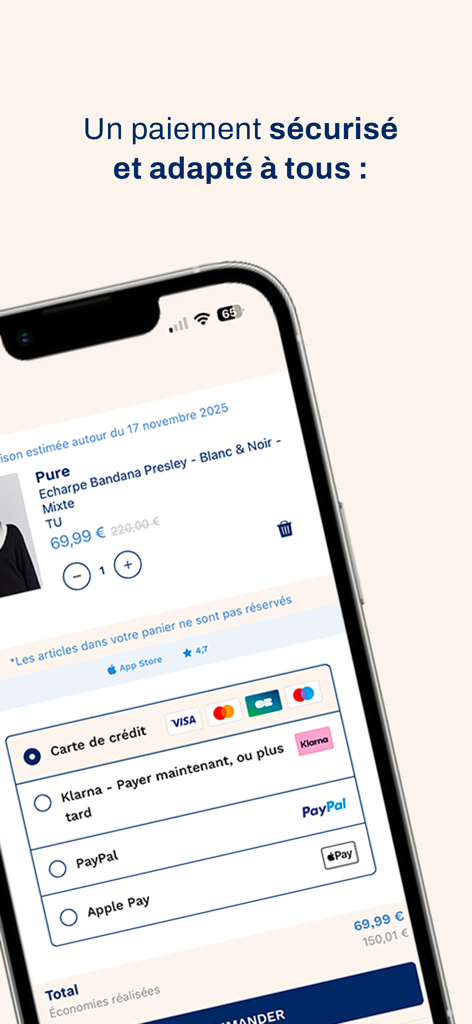 The Bradery - Private Sales - The Braderyアプリのチェックアウト画面。クレジットカード、Klarna、PayPal、Apple Payなどの安全な支払いオプションが表示されています