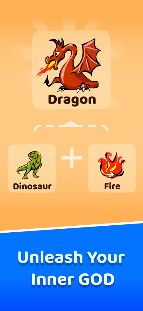 Infinite Craft'er: Alchemy - Captura de tela do jogo de alquimia combinando elementos de dinossauro e fogo para criar um dragão