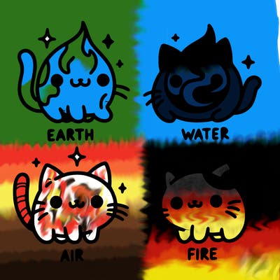 4 cats that represent the different elements, earth, water, air, and fire