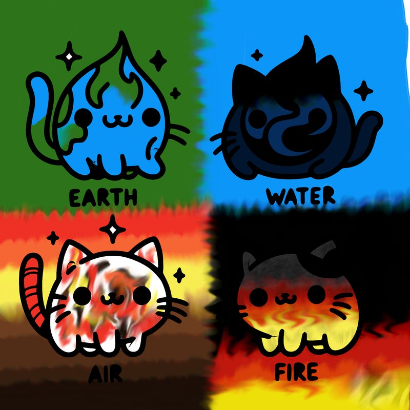 4 cats that represent the different elements, earth, water, air, and fire