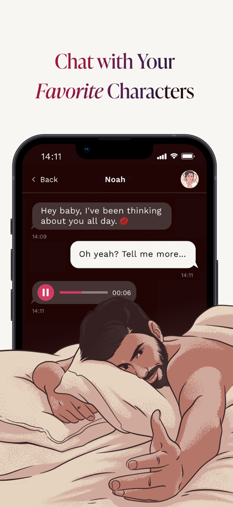 Smartphone screen showing a romantic chat conversation with an AI character named Noah in the Bloom Stories app