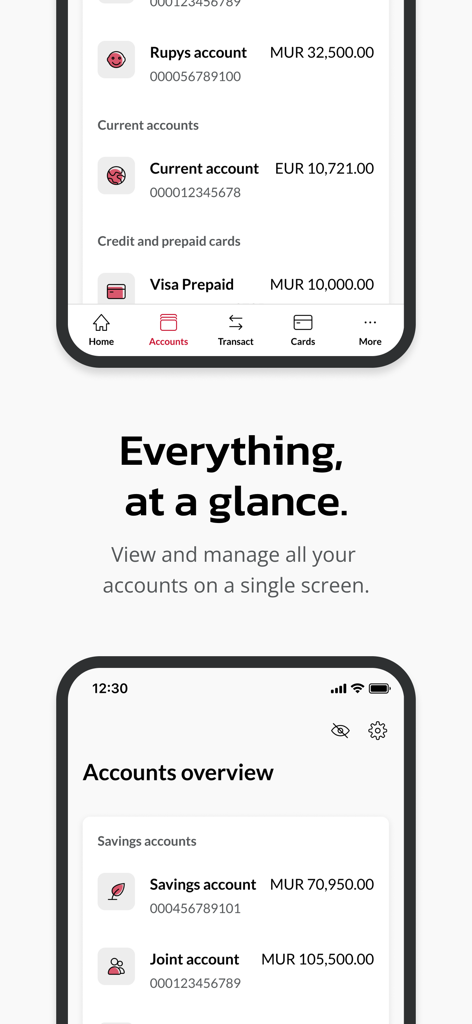 MCB Juice - MCB Juice mobile app accounts overview screen showing savings and current account balances