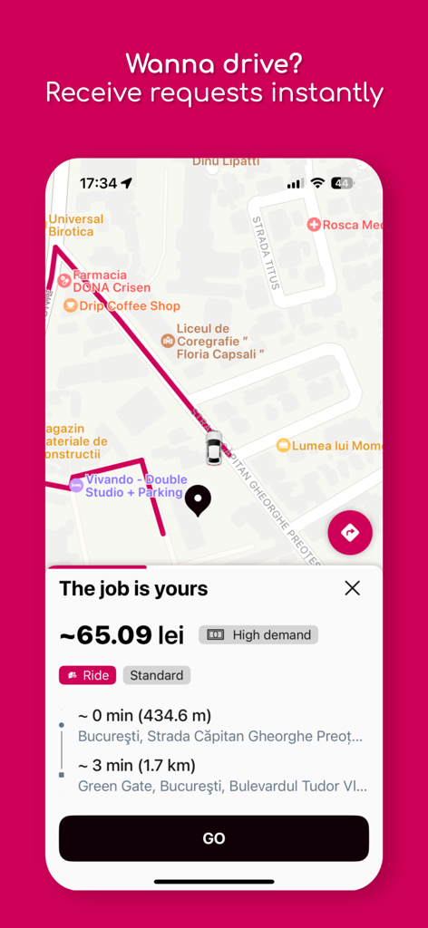Hip.car  (ex iTaxi) - Interface do aplicativo Hip.car mostrando um motorista aceitando uma solicitação de carona com detalhes da viagem e ganhos