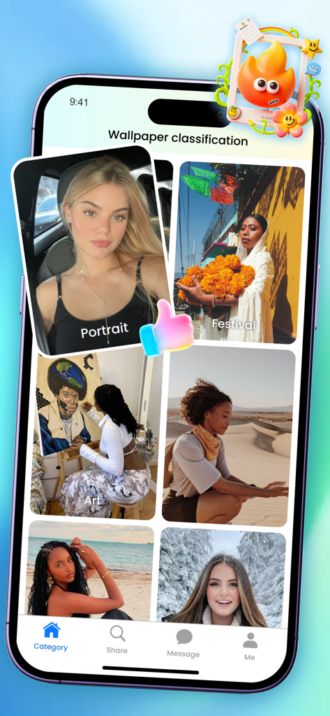 Viake - Viake mobile app interface displaying various HD wallpaper categories like Portrait and Art