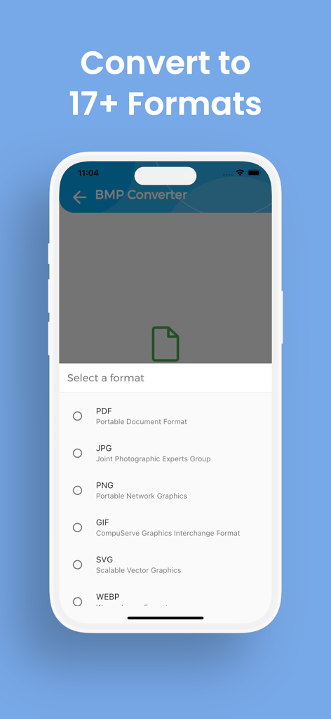 BMP Converter, BMP to PDF - Interface do aplicativo Conversor BMP mostrando uma lista de mais de 17 formatos de conversão, incluindo PDF, JPG, PNG e SVG