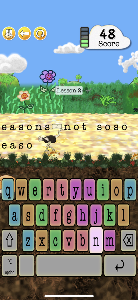 Animal Typing - Lite - Animal Typing gameplay interface featuring an ostrich character and a colorful keyboard for typing practice
