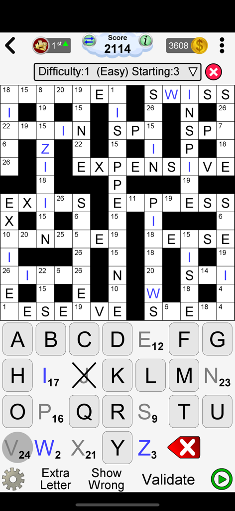 Arrow Crossword & Other Games - A codeword puzzle gameplay screen from the Arrow Crossword app showing a crossword grid with letters and numbers.