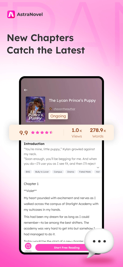 AstraNovel - Infinite Stories - AstraNovel mobile app interface displaying a romance novel titled The Lycan Princes Puppy with a high user rating