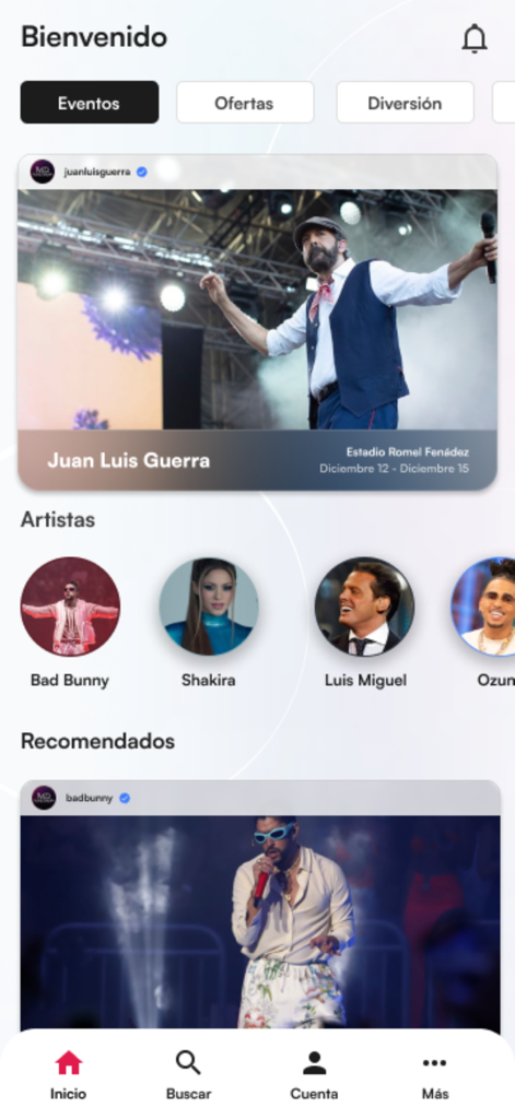 Tickea - Écran d'accueil de l'application Tickea affichant les concerts en vedette et les artistes de musique latine populaires