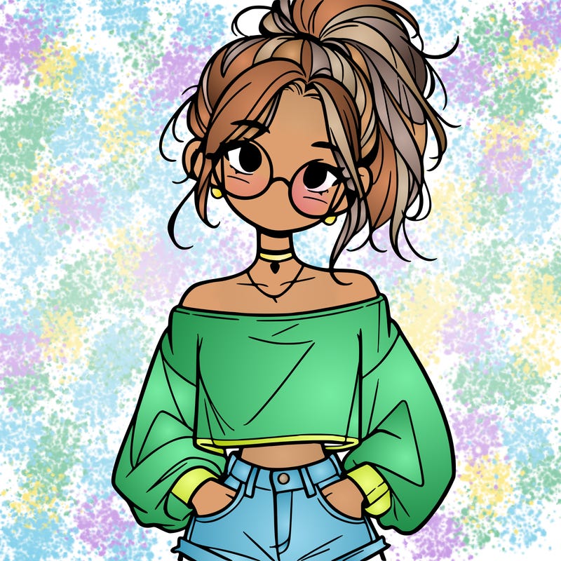 girl with a messy ponytail glasses a baggy crop top and jean shorts