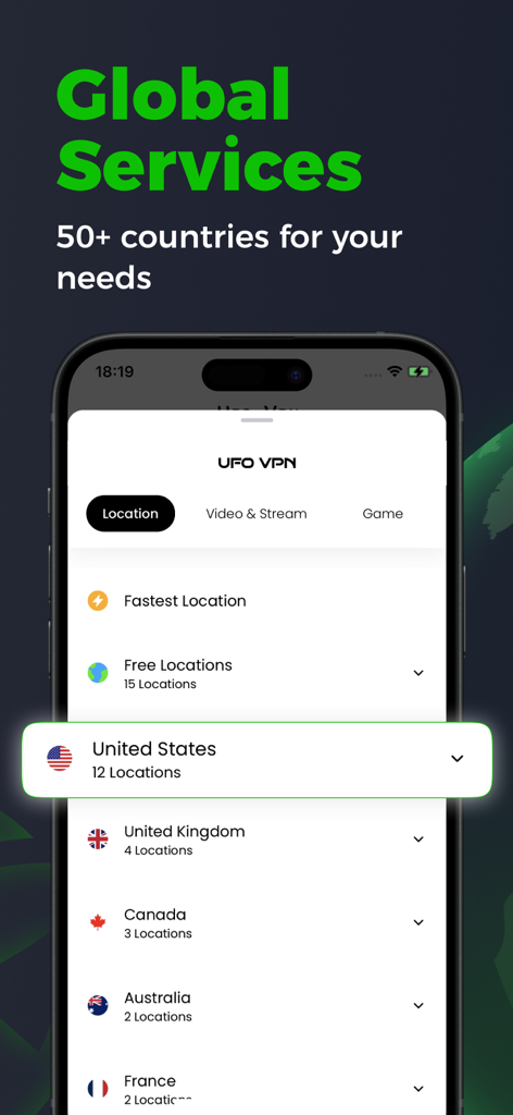 UFO VPN: Ultra Fast Secure VPN - Interface do aplicativo móvel UFO VPN mostrando uma lista de locais de servidores globais, incluindo os Estados Unidos e o Reino Unido