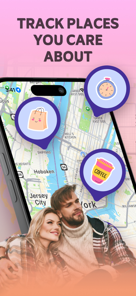 Find Family, Friend Geo: Nexil - Nexil app interface showing a map with pins for favorite places and a smiling couple