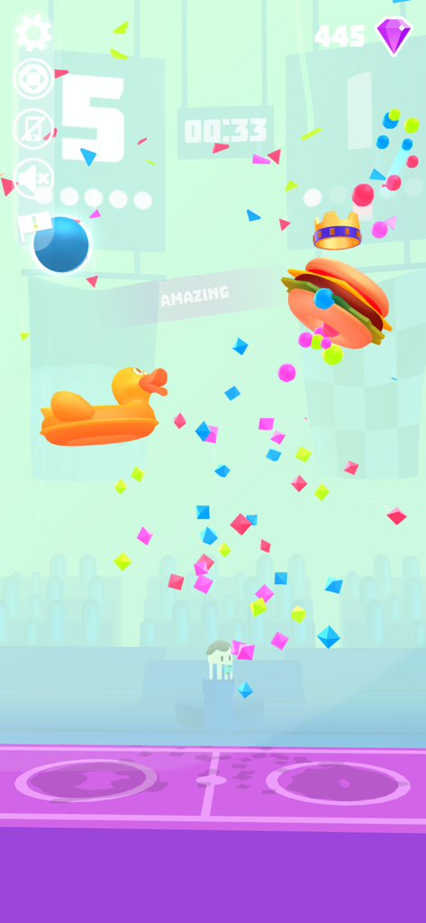 Hoop Stars - Capture d'écran du jeu mobile Hoop Stars montrant un canard en caoutchouc et un skin de burger en forme d'anneau avec des confettis colorés