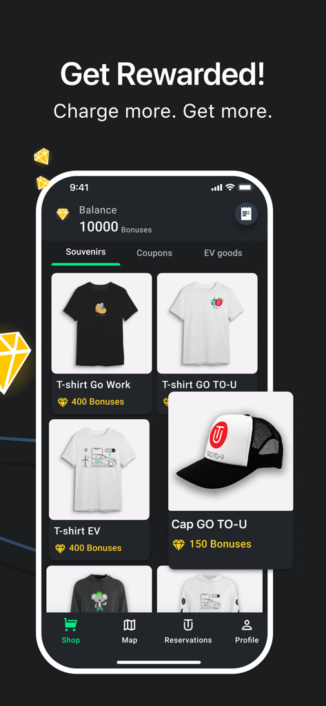 GO TO-U: EV Charging App - ボーナスポイントで交換可能なTシャツやキャップなどのグッズを表示する、GO TO-U EV充電アプリの特典ショップ画面