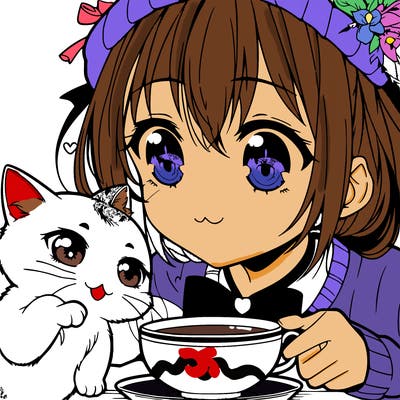 a manga girl that’s petting a cat and drinking tea