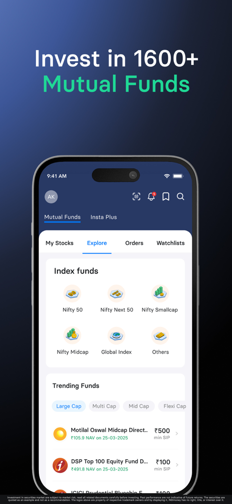 INDmoney: Stocks, Mutual Fund - INDmoneyアプリのインターフェースのスクリーンショット。Nifty 50インデックスファンドやトレンドの大手キャップファンドを含む投資信託カテゴリを表示