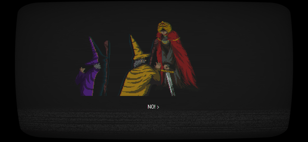 Ambidextro - Una escena retro de pixel art en Ambidextro que muestra magos y un personaje con una capa roja