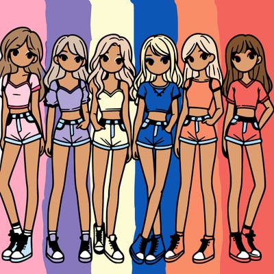 a group of girls wearing crop tops and shorts