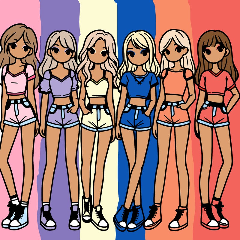 a group of girls wearing crop tops and shorts