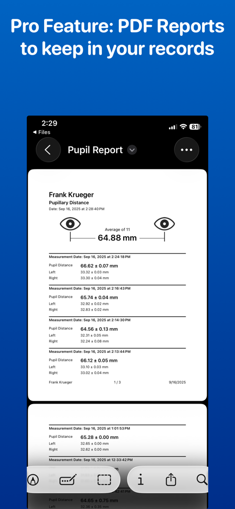 Pupillary Distance Ruler - Pupillary Distance Rulerアプリのスクリーンショット。メガネとVRヘッドセットの測定値を含む詳細な瞳孔レポートが表示されています。