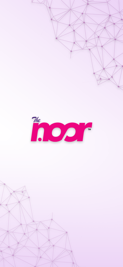 TheNoor - Azan, Quran, Qiblah - TheNoor app splash screen with pink logo and geometric light purple background
